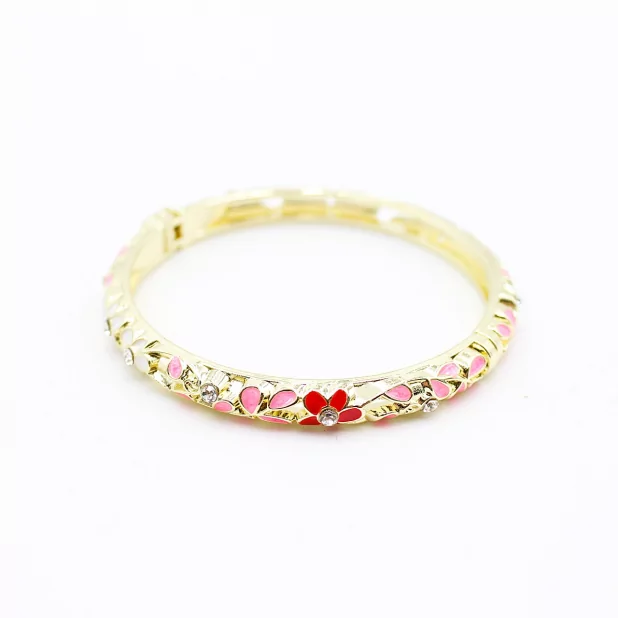 Bracelet jonc doré en émail fleuri avec strass – Fermeture aimantée