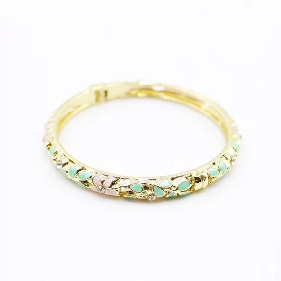 Bracelet jonc doré en émail fleuri avec strass – Fermeture aimantée
