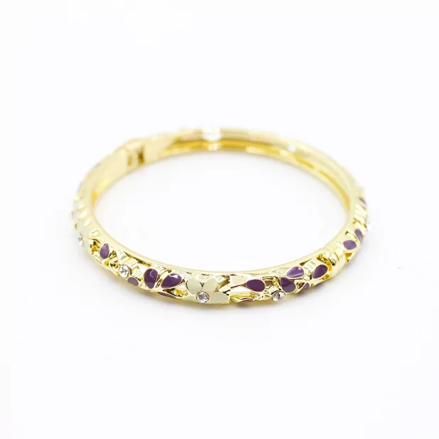 Bracelet jonc doré en émail fleuri avec strass – Fermeture aimantée
