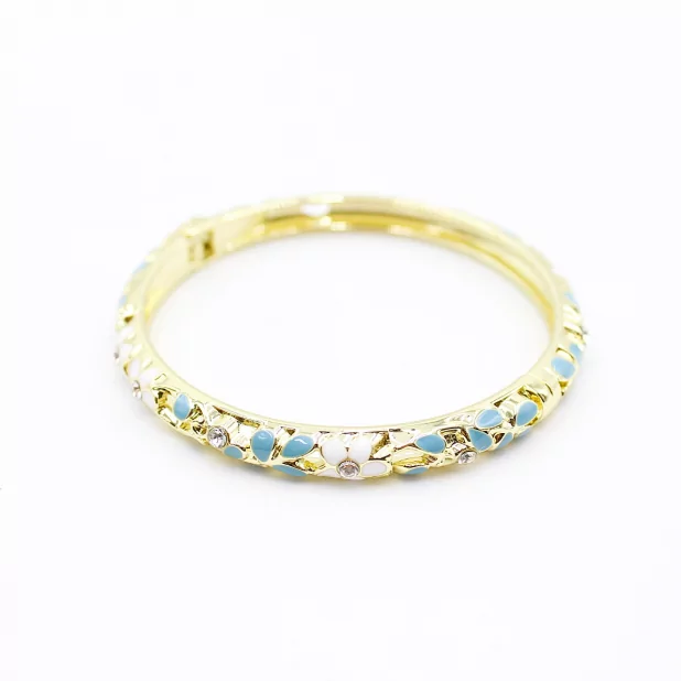 Bracelet jonc doré en émail fleuri avec strass – Fermeture aimantée