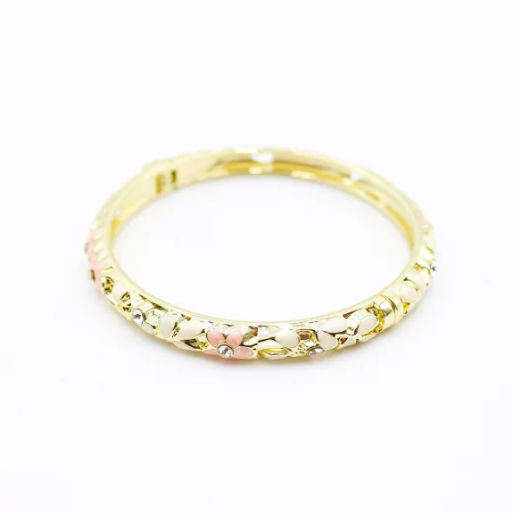 Bracelet jonc doré en émail fleuri avec strass – Fermeture aimantée