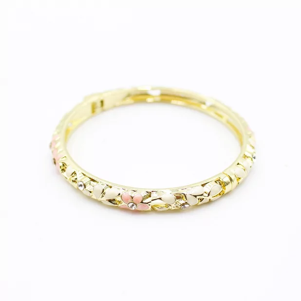 Bracelet jonc doré en émail fleuri avec strass – Fermeture aimantée
