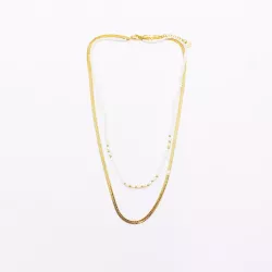 Collier 2 rangs acier doré, cristaux et perles d’eau douce