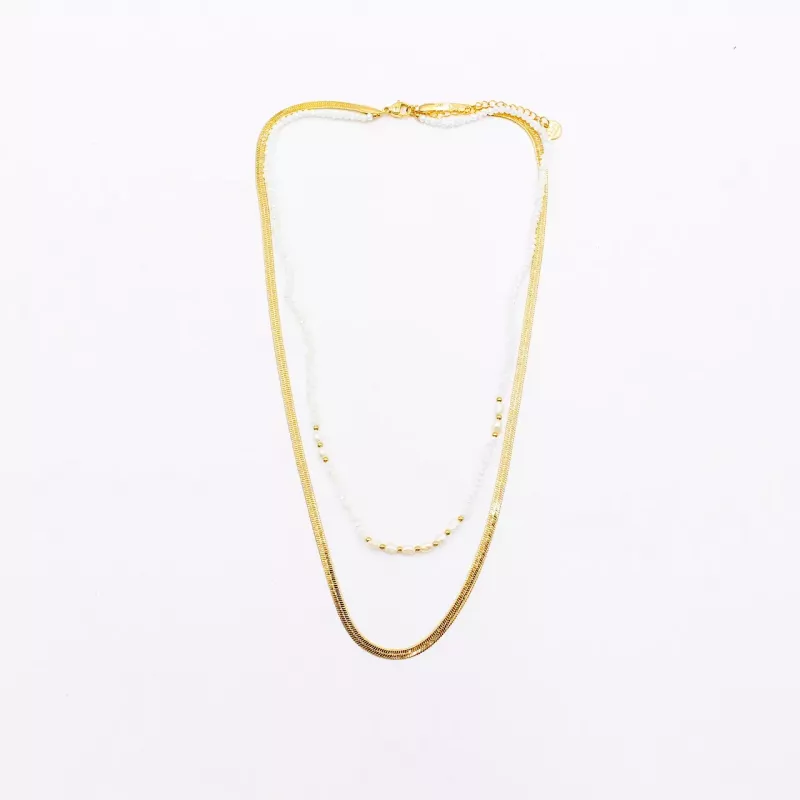 Collier 2 rangs acier doré, cristaux et perles d’eau douce