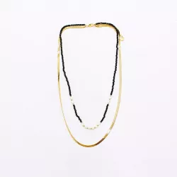 Collier 2 rangs acier doré, cristaux et perles d’eau douce