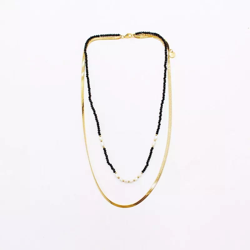 Collier 2 rangs acier doré, cristaux et perles d’eau douce