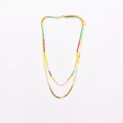 Collier 2 rangs acier doré, cristaux et perles d’eau douce