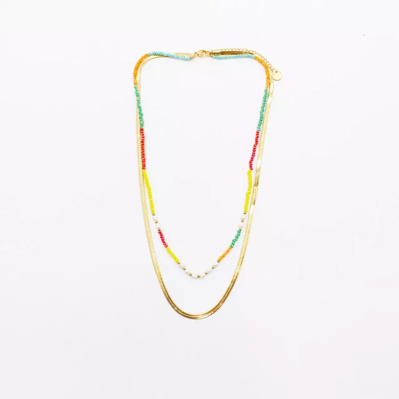 Collier 2 rangs acier doré, cristaux et perles d’eau douce