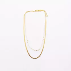 Collier 2 rangs acier doré, cristaux et perles d’eau douce