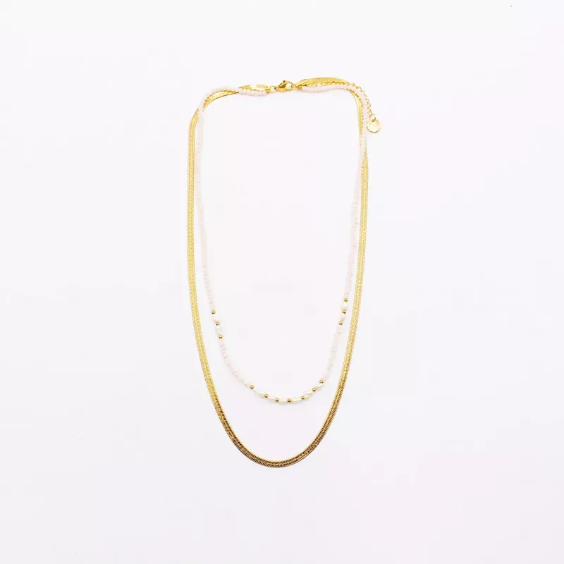 Collier 2 rangs acier doré, cristaux et perles d’eau douce