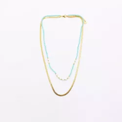 Collier 2 rangs acier doré, cristaux et perles d’eau douce