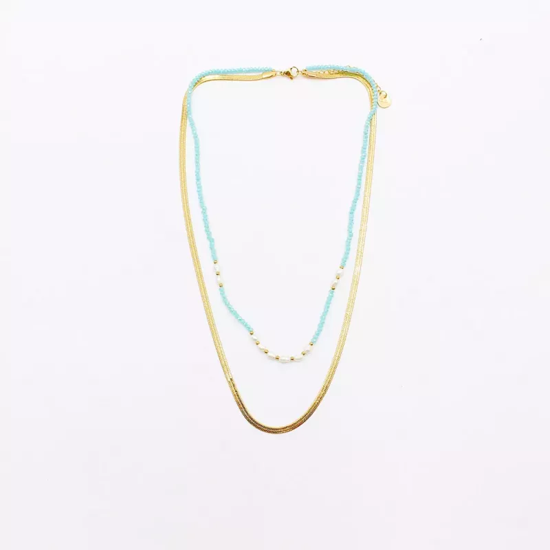 Collier 2 rangs acier doré, cristaux et perles d’eau douce