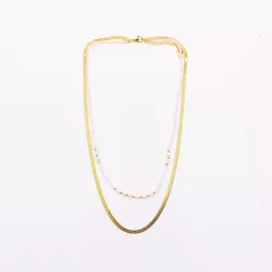 Collier 2 rangs acier doré, cristaux et perles d’eau douce