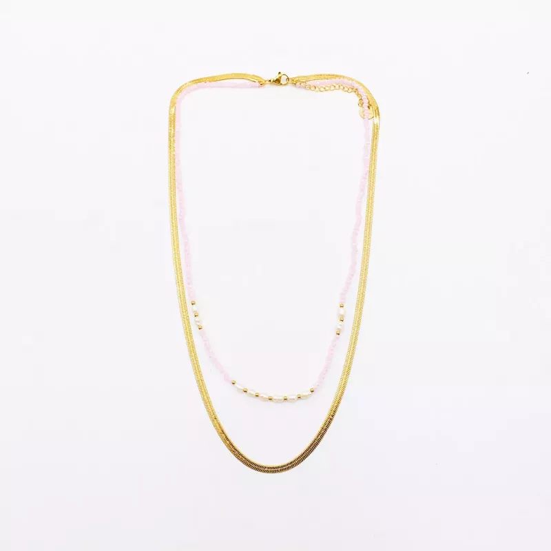 Collier 2 rangs acier doré, cristaux et perles d’eau douce
