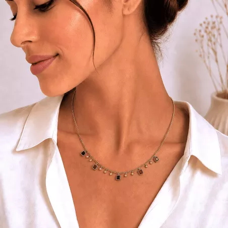 Collier chaîne dorée en acier  – Pampilles pierres colorées