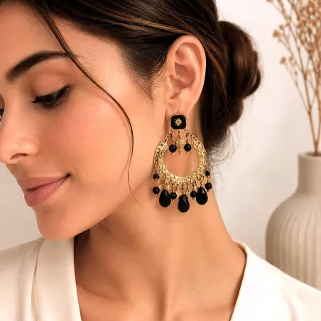 Boucles d’oreilles bohème chic noires et dorées