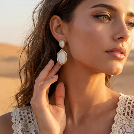 Boucles d’oreilles ovales nacrées et acier doré