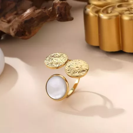 Bague ajustable dorée et blanc nacré
