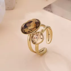 Bague ajustable en acier doré et cristaux