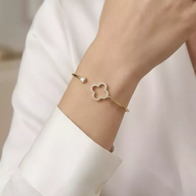 Jonc doré trèfle luxe avec strass