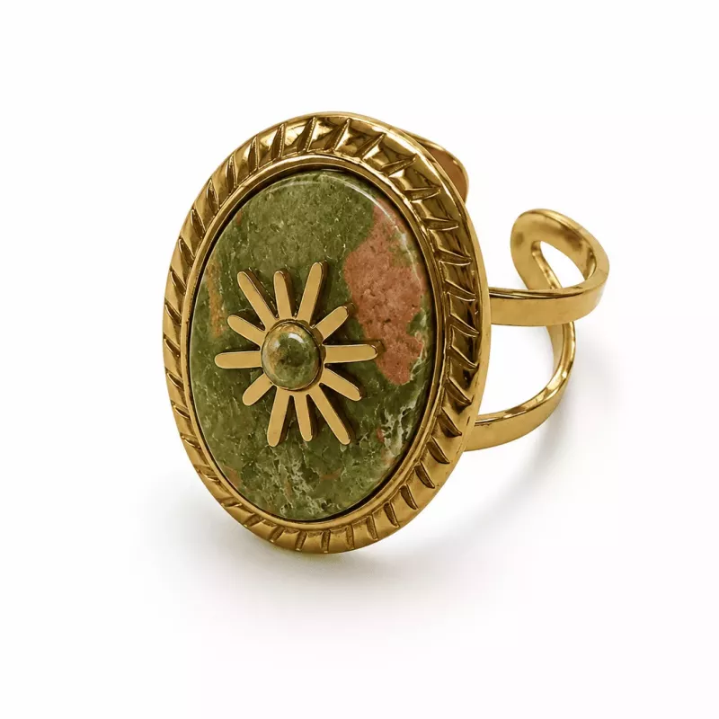 Bague Soleil en Acier Inoxydable – Cabochon Pierre Naturelle