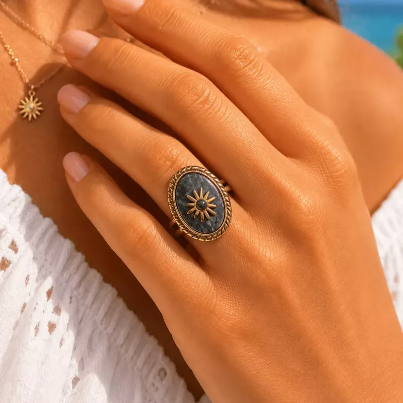 Bague Soleil en Acier Inoxydable – Cabochon Pierre Naturelle