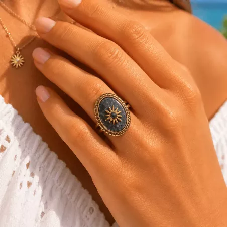 Bague Soleil en Acier Inoxydable – Cabochon Pierre Naturelle