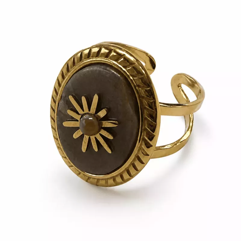Bague Soleil en Acier Inoxydable – Cabochon Pierre Naturelle