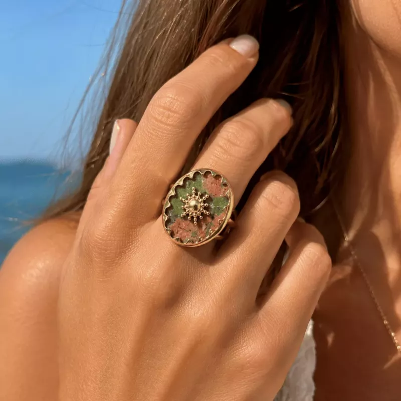 Bague Soleil Bohème en Acier Inoxydable – Pierre Naturelle