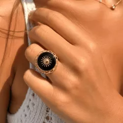 Bague Onyx Noir Ajustable Acier Inoxydable Doré