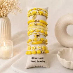 Pack de 12 bracelets cristal de verre et acier - JAUNE