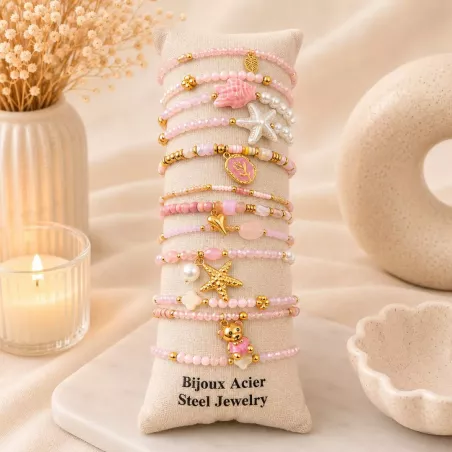 Pack de 12 bracelets cristal de verre et acier - rose