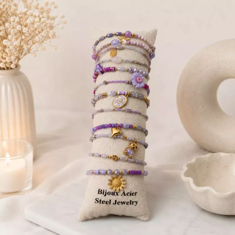 Pack de 12 bracelets cristal de verre et acier - parme