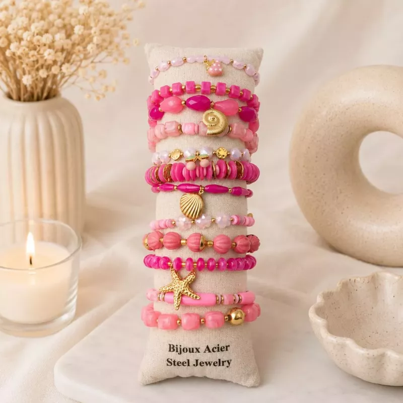 Pack de 12 bracelets cristal de verre et acier - fuchsia