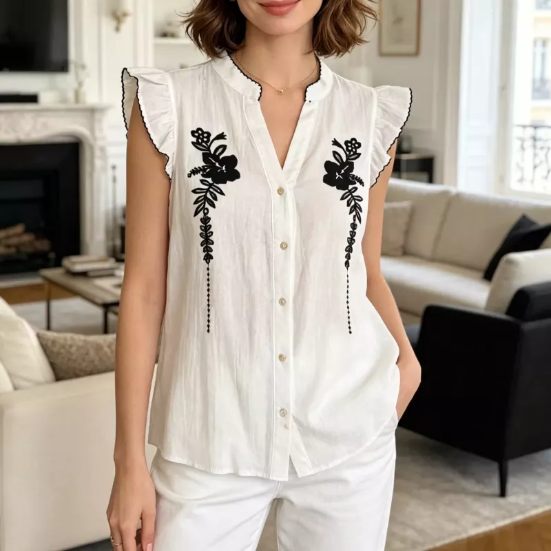 Pack 3 Chemises Femme 100% Coton Brodées Fleur – Blanc, Rose ou Jaune Pâle