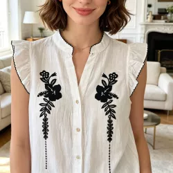 Pack 3 Chemises Femme 100% Coton Brodées Fleur – Blanc, Rose ou Jaune Pâle