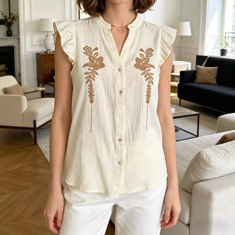 Pack 3 Chemises Femme 100% Coton Brodées Fleur – Blanc, Rose ou Jaune Pâle