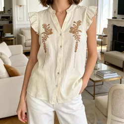 Pack 3 Chemises Femme 100% Coton Brodées Fleur – Blanc, Rose ou Jaune Pâle