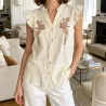 Pack 3 Chemises Femme 100% Coton Brodées Fleur – Blanc, Rose ou Jaune Pâle