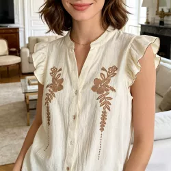 Pack 3 Chemises Femme 100% Coton Brodées Fleur – Blanc, Rose ou Jaune Pâle
