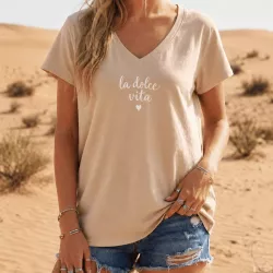 T-shirt Femme La Dolce Vita Délavé | Col V Coton Stretch