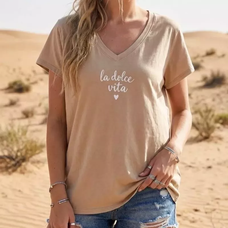 T-shirt Femme La Dolce Vita Délavé | Col V Coton Stretch