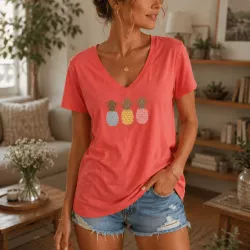 T-shirt Femme Col V Ananas Pastel | Coton Stretch