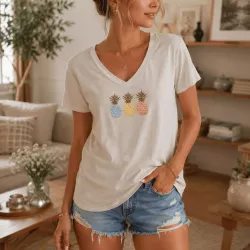 T-shirt Femme Col V Ananas Pastel | Coton Stretch