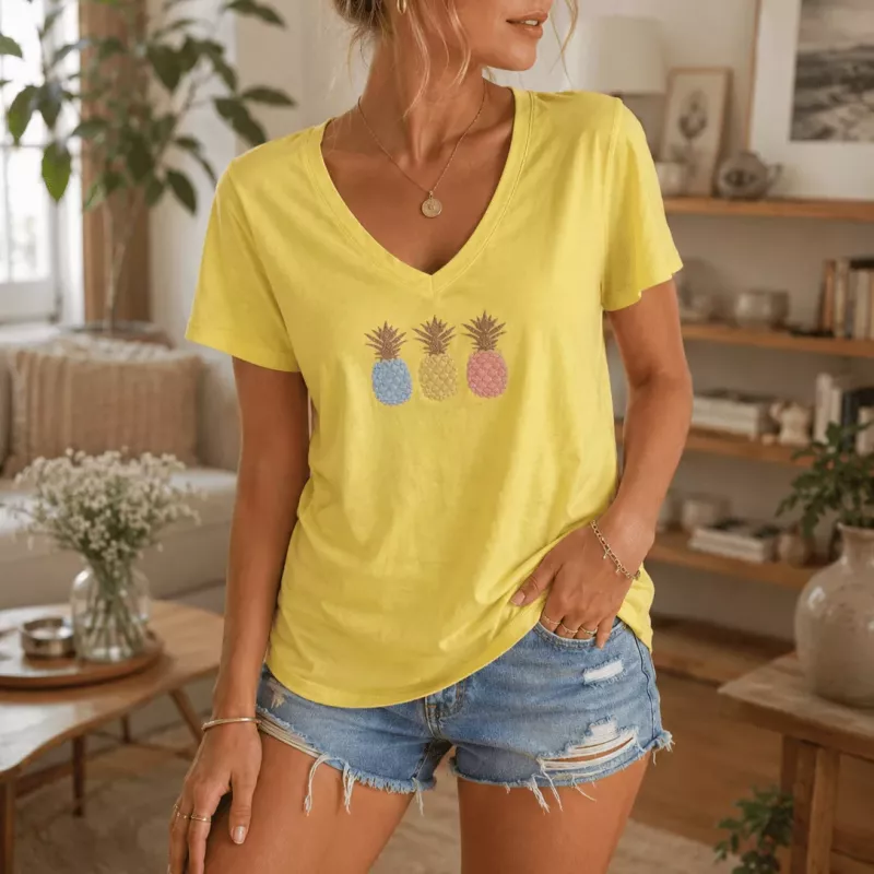 T-shirt Femme Col V Ananas Pastel | Coton Stretch