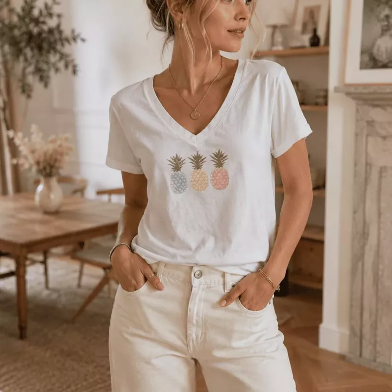 T-shirt Femme Col V Ananas Pastel | Coton Stretch