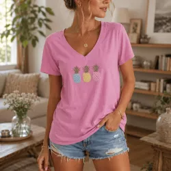 T-shirt Femme Col V Ananas Pastel | Coton Stretch
