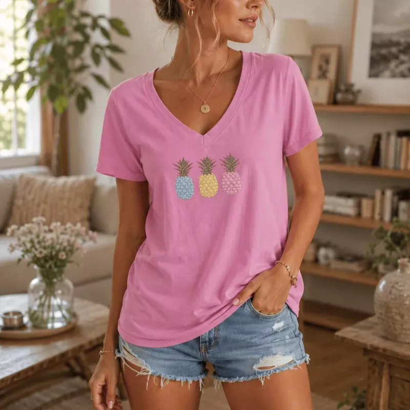 T-shirt Femme Col V Ananas Pastel | Coton Stretch