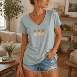 T-shirt Femme Col V Ananas Pastel | Coton Stretch