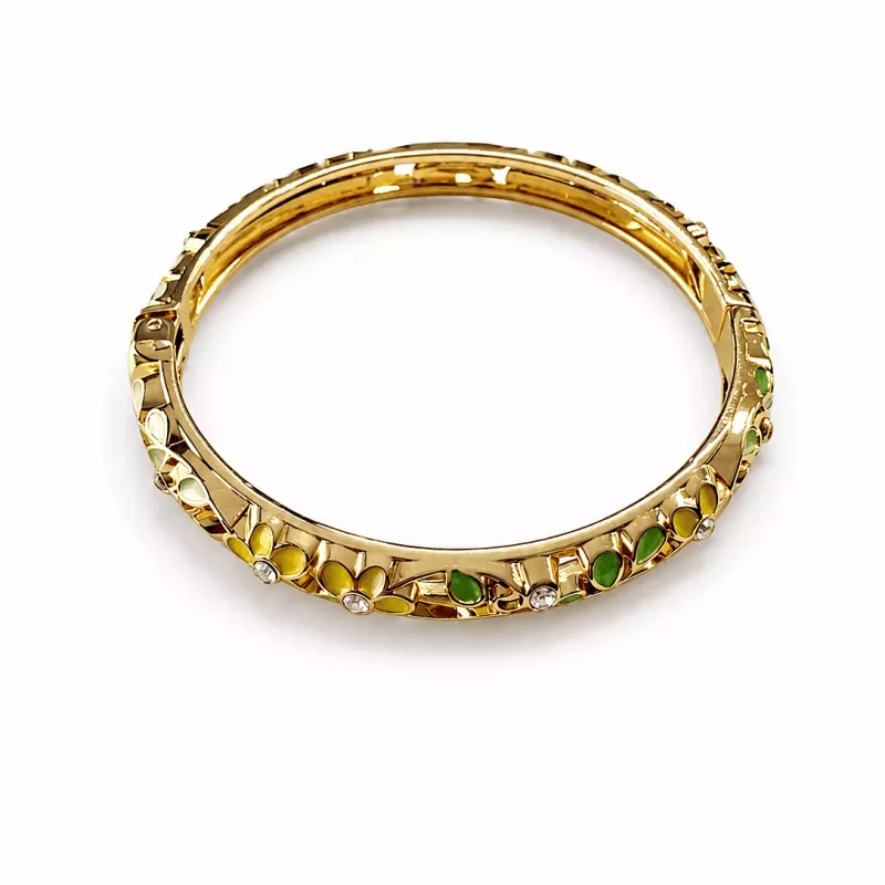Bracelet jonc doré en émail fleuri avec strass